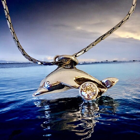 Dolphin Pendant & Necklace Sterling Silver CZ as is - Picture 10 of 10